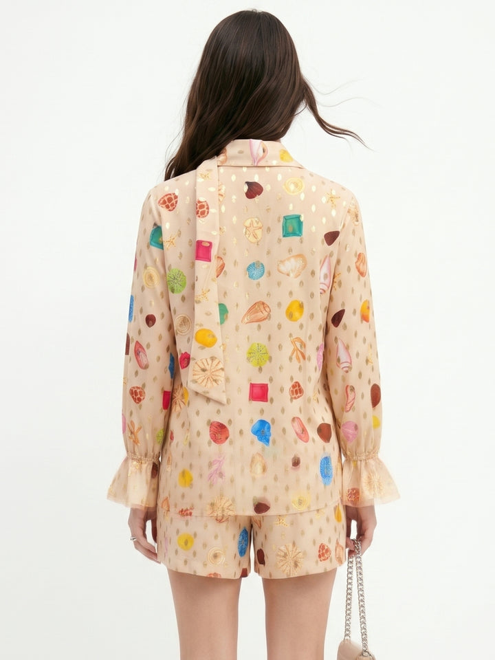 Off White Bishop Sleeve Printed Shirt And Shorts Set