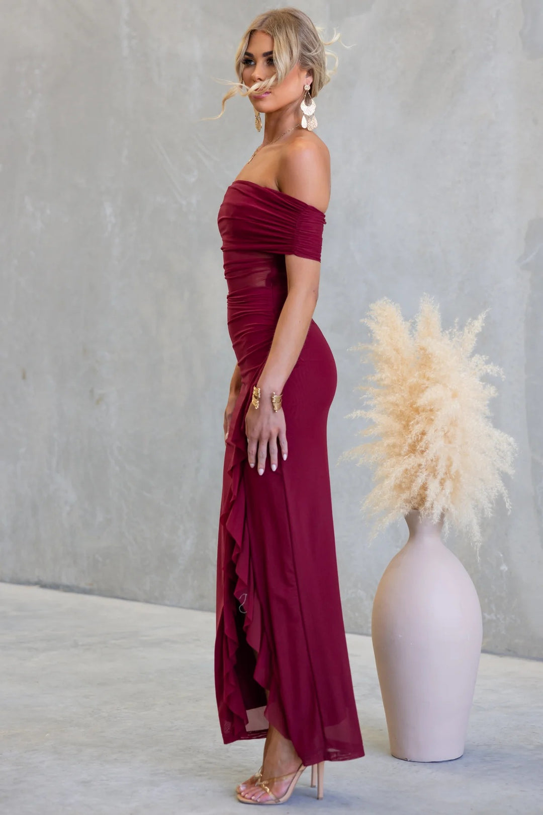 Maroon Off Shoulder Mesh Ruffle Detail Dress