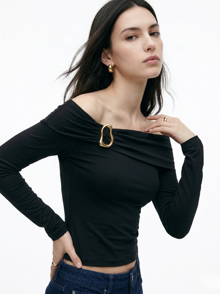 Black Off-Shoulder With Metal Buckle Trim Detail Top