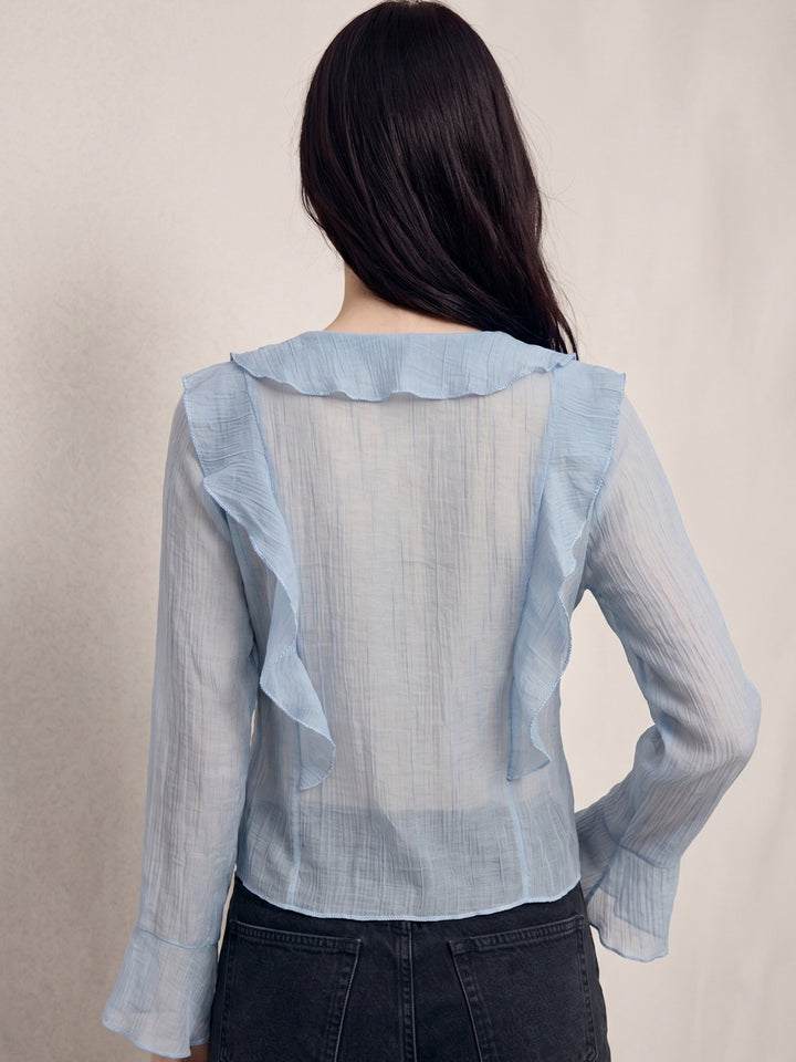 Light Blue Button Down Detailed Blouse With Ruffles