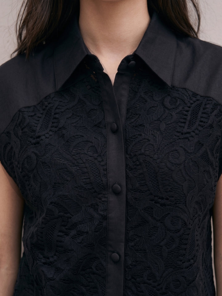 Black Lace Overlay Shirt With High Low Hemline