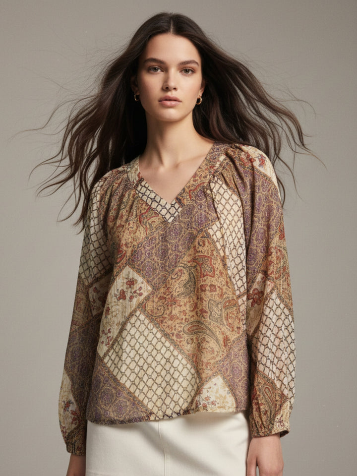 Brown Multicolor Paisley Boho Blouse