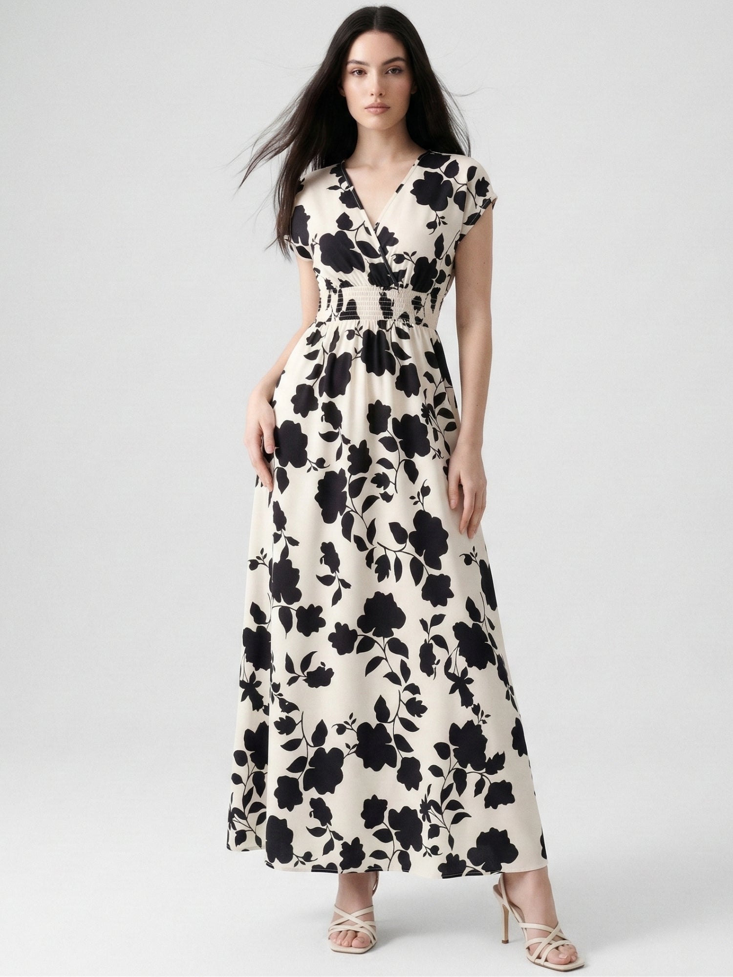 White Short Sleeve V Neck Floral Dress