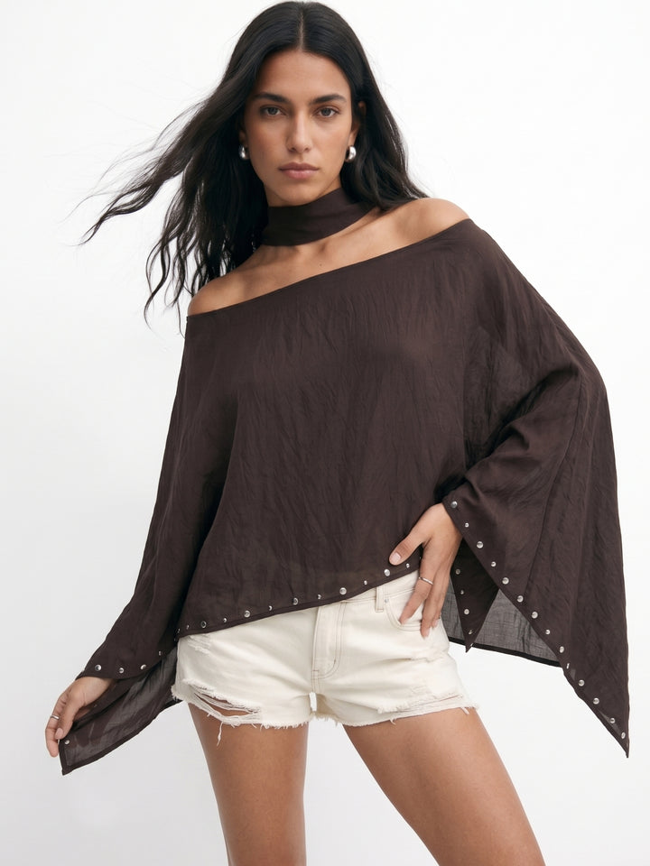 Brown Cape Sleeves Neck Wrap Studded Top