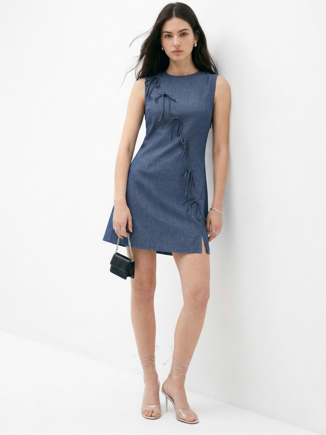 Blue Mini Sleeveless Dress With Slit And Bow Detail