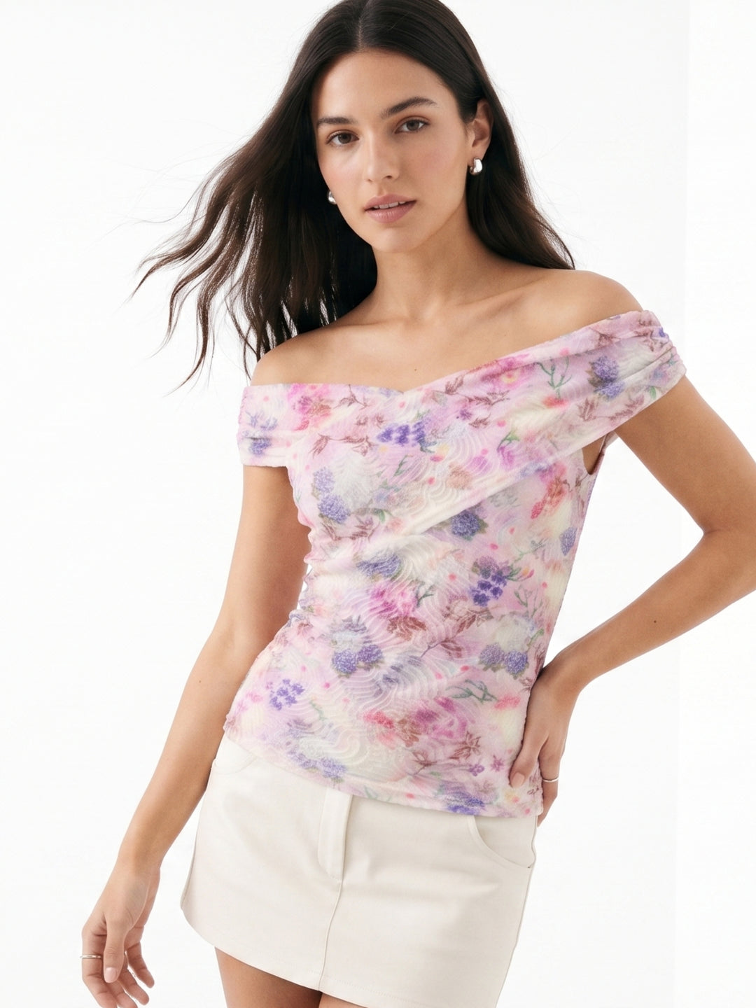 Lavender Ruched Bardot Floral Top