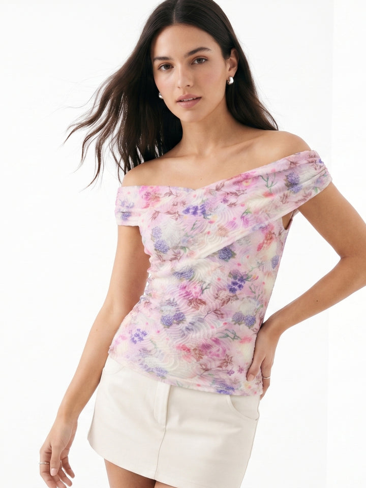 Lavender Ruched Bardot Floral Top