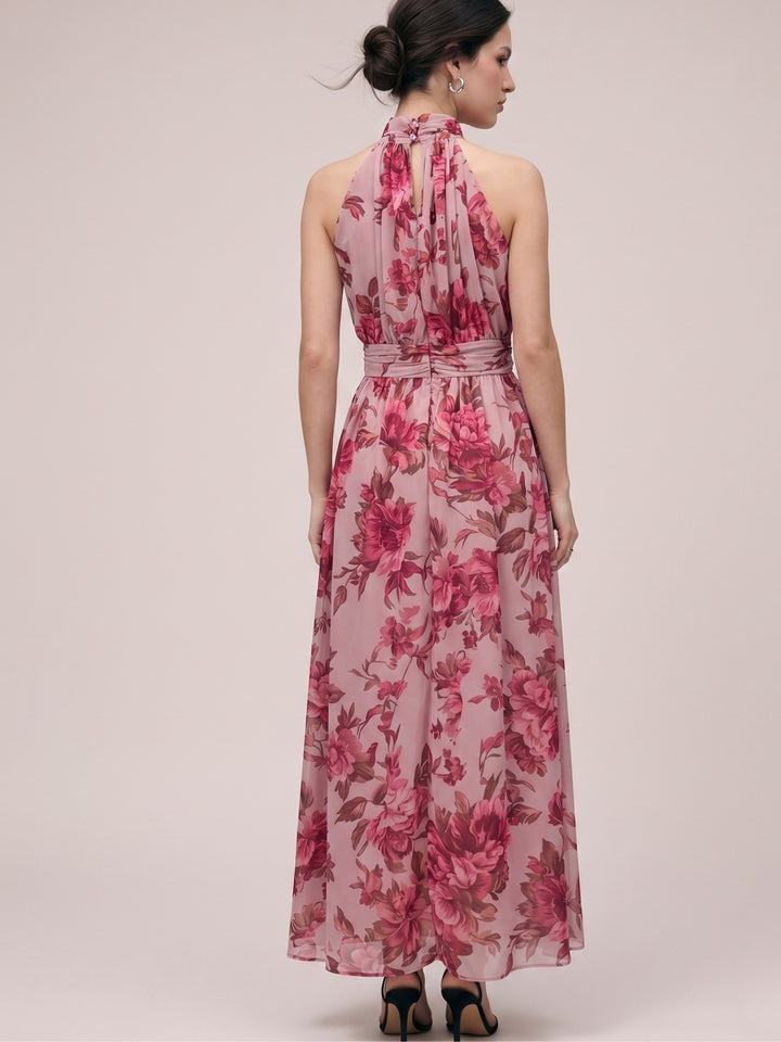 Pink Halter Neck Printed Dress With Cinched Waist