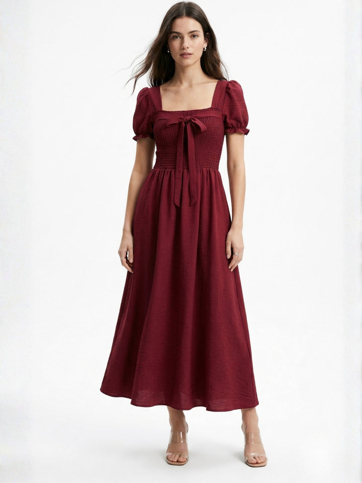 Burgundy Square Neck Dress With Cinched Waist