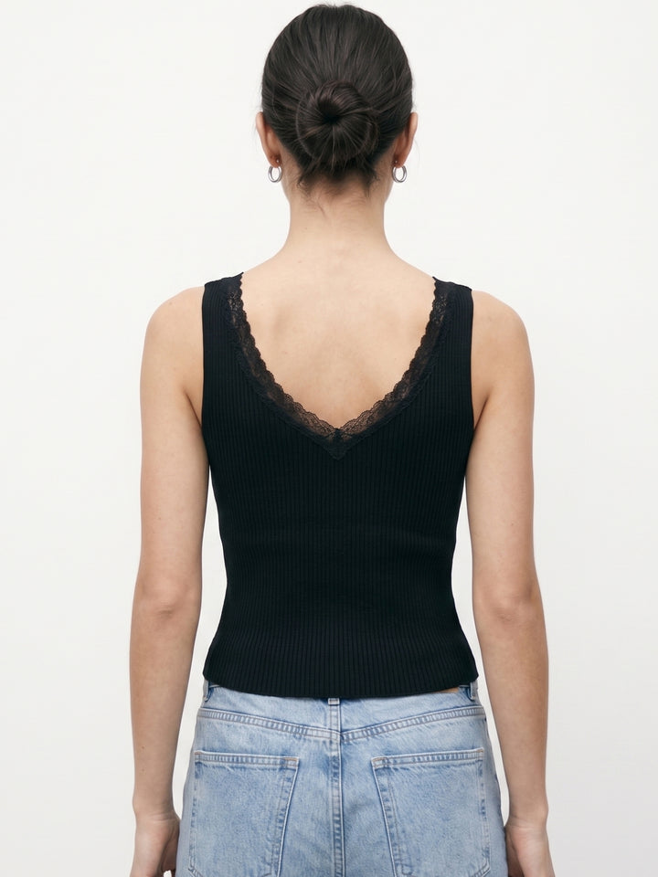 Black Fitted Tank With Lace Detail