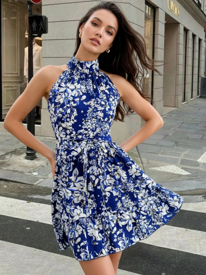 Blue Halter Neck Printed Dress