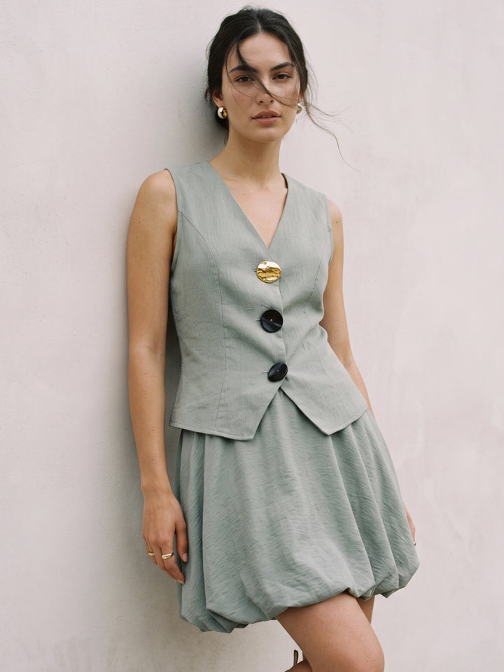 Light Blue Sleeveless Vest And Bubble Hem Skirt Set