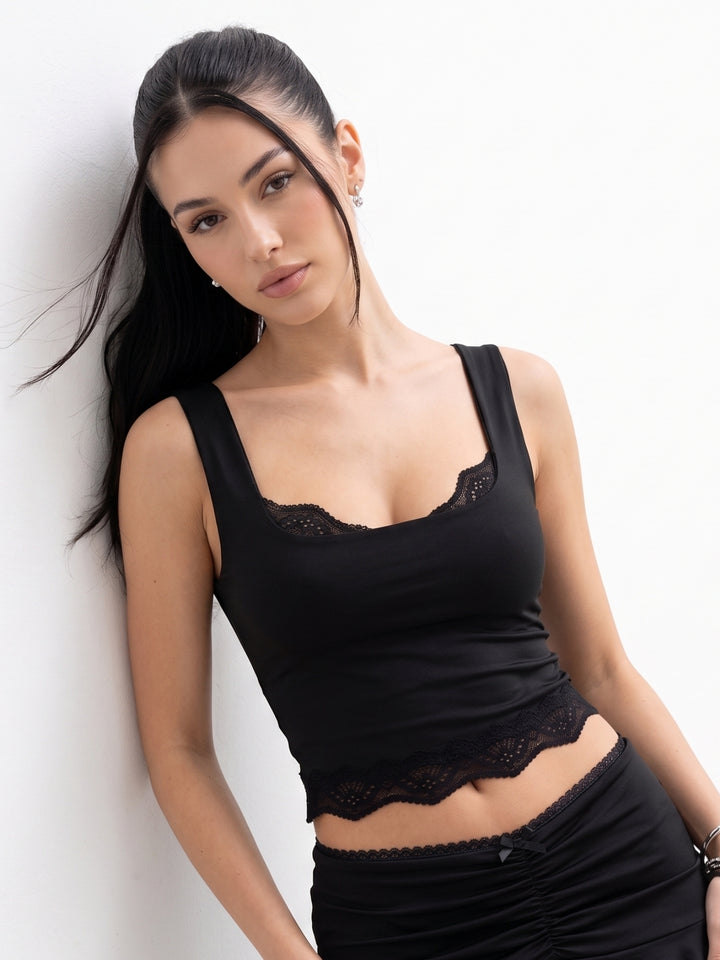 Black Lace Detail Fitted Tank