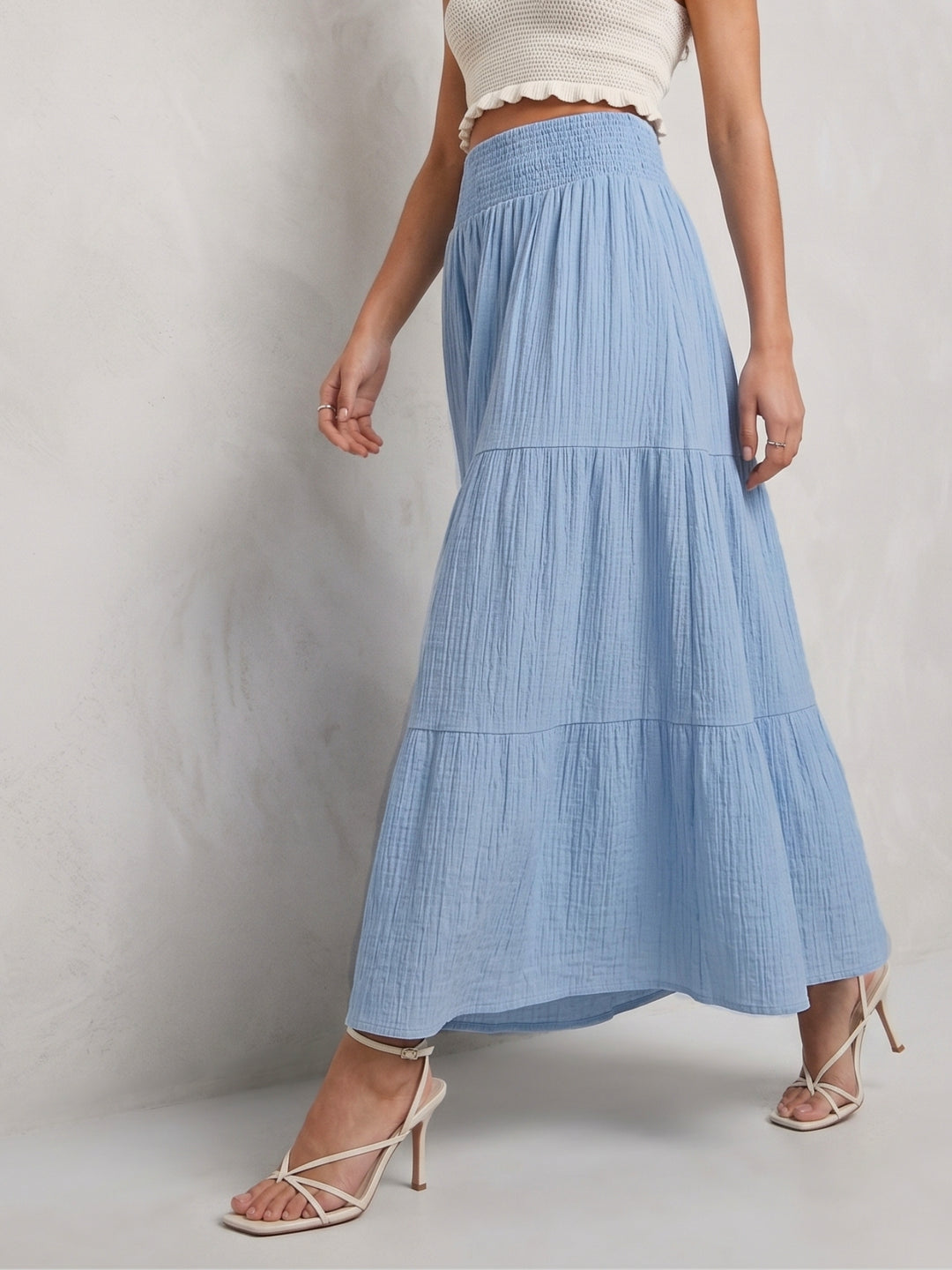 Blue High Waist Tiered Skirt