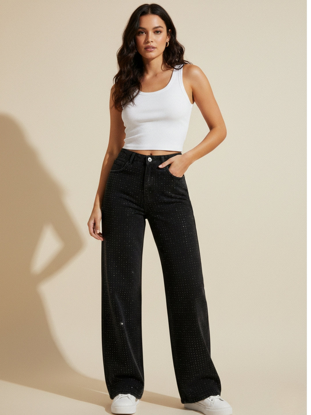 Black All Over Studded Wide Leg Denim