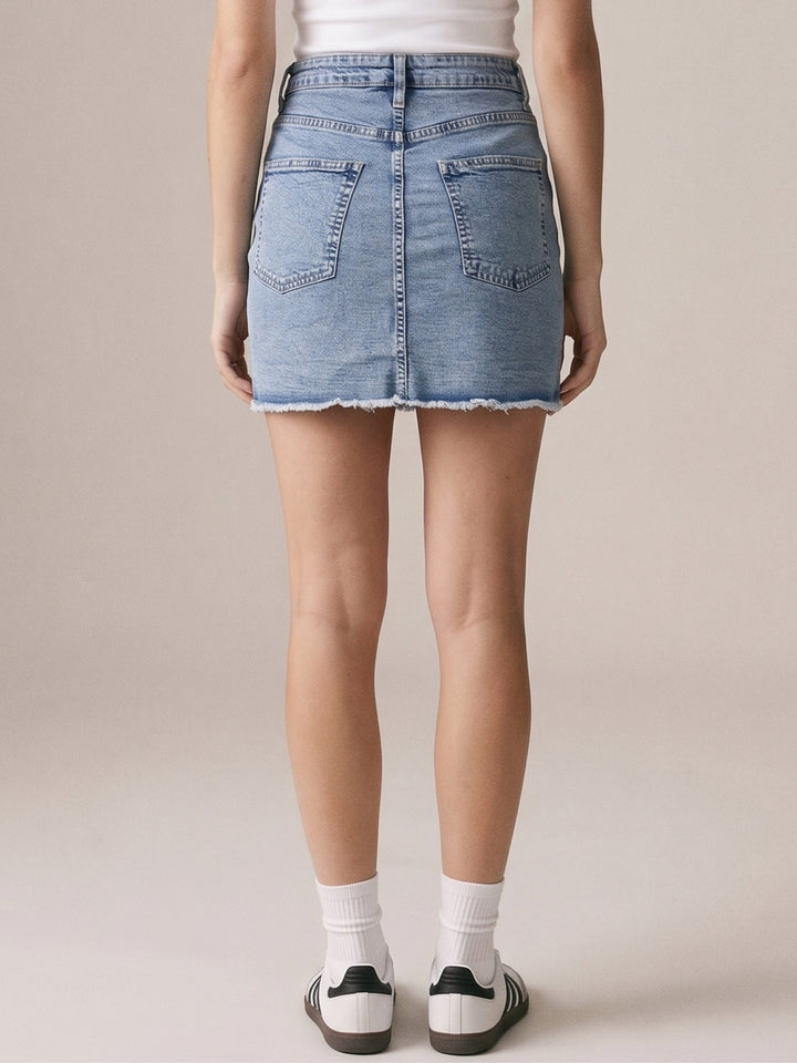 Light Blue Fitted Mini Denim Skirt With Freyed Hem