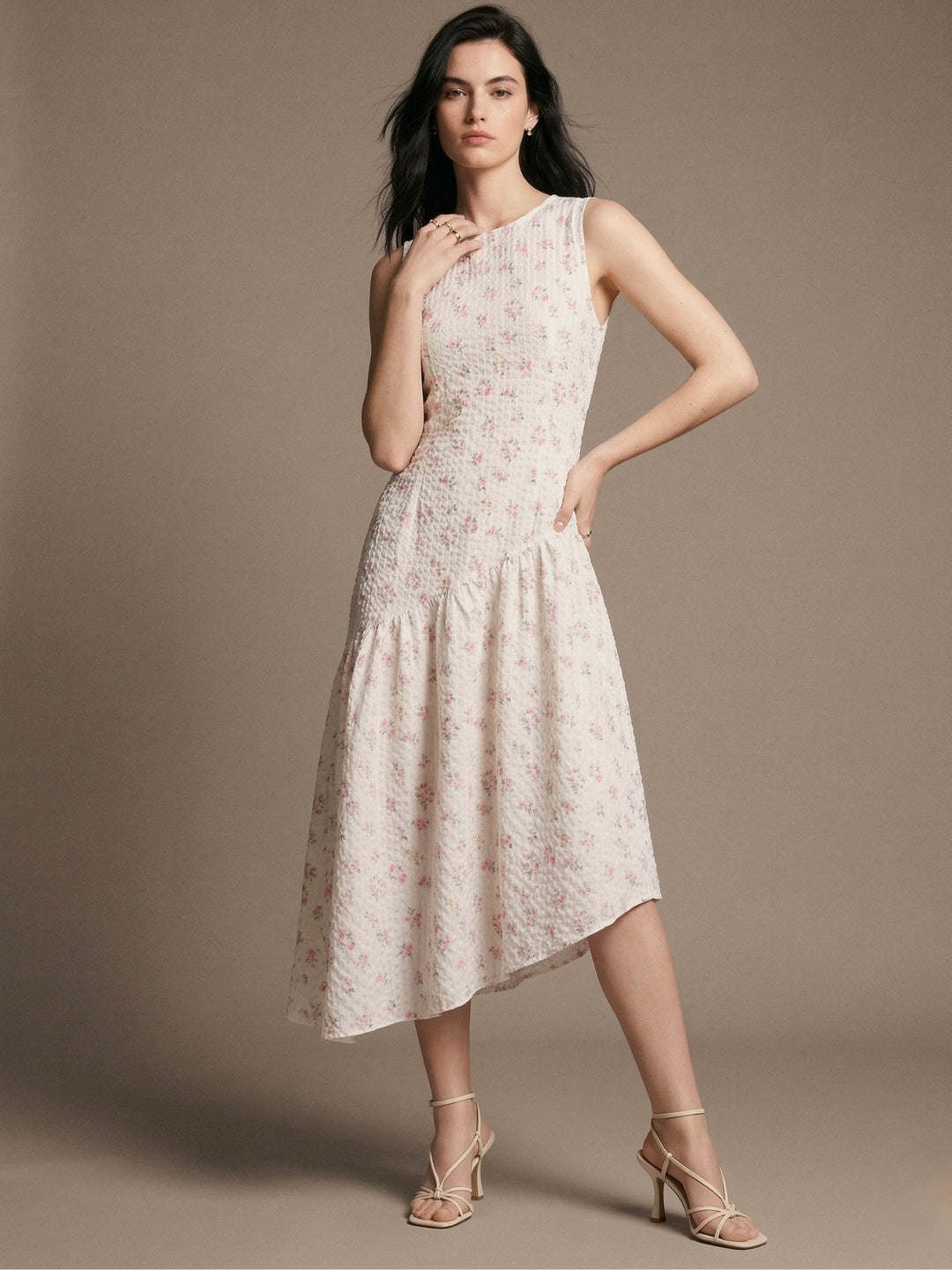 Off White Sleeveless Asymmetrical Midi Dress