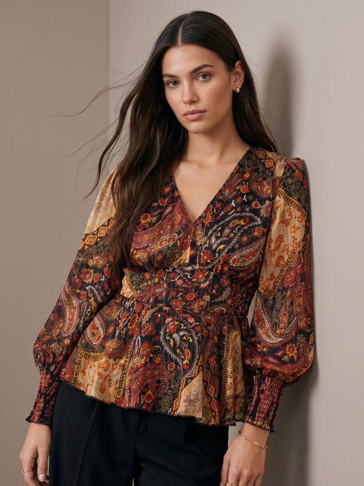 Brown Long Balloon Sleeves Peplum Top In Lurex Fabric