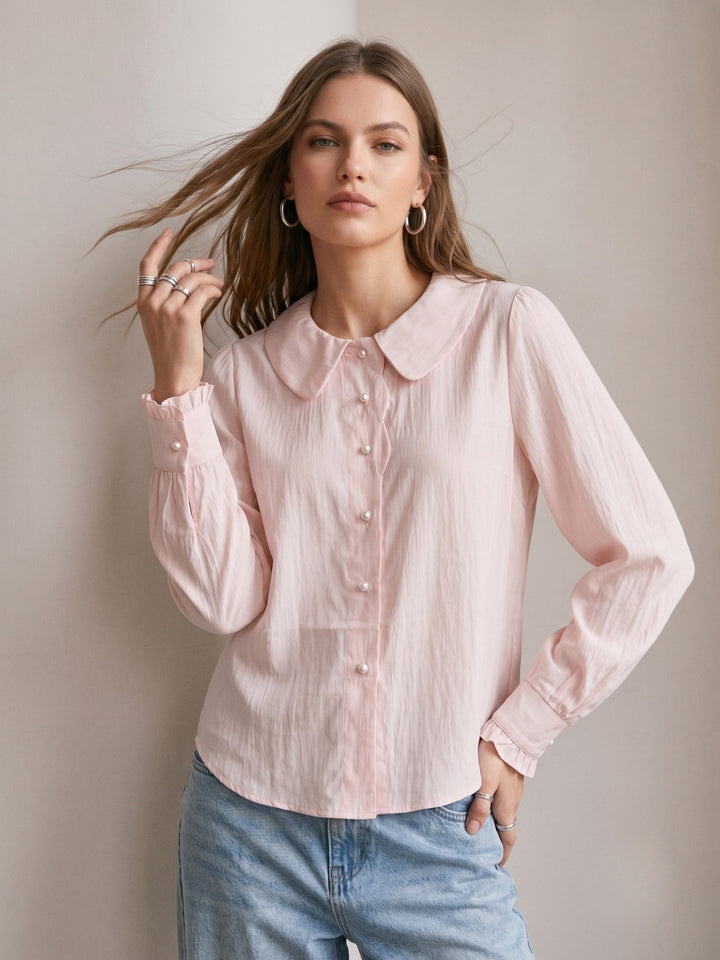 Pink Scallop Placket Peter Pan Shirt