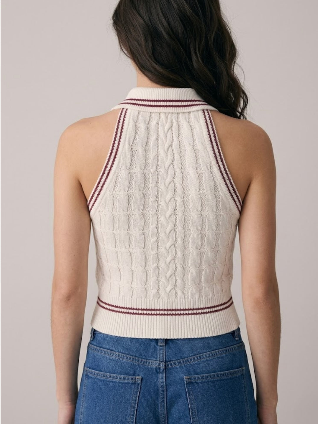 White Collared Contrast Tipping Cable Knit Tank