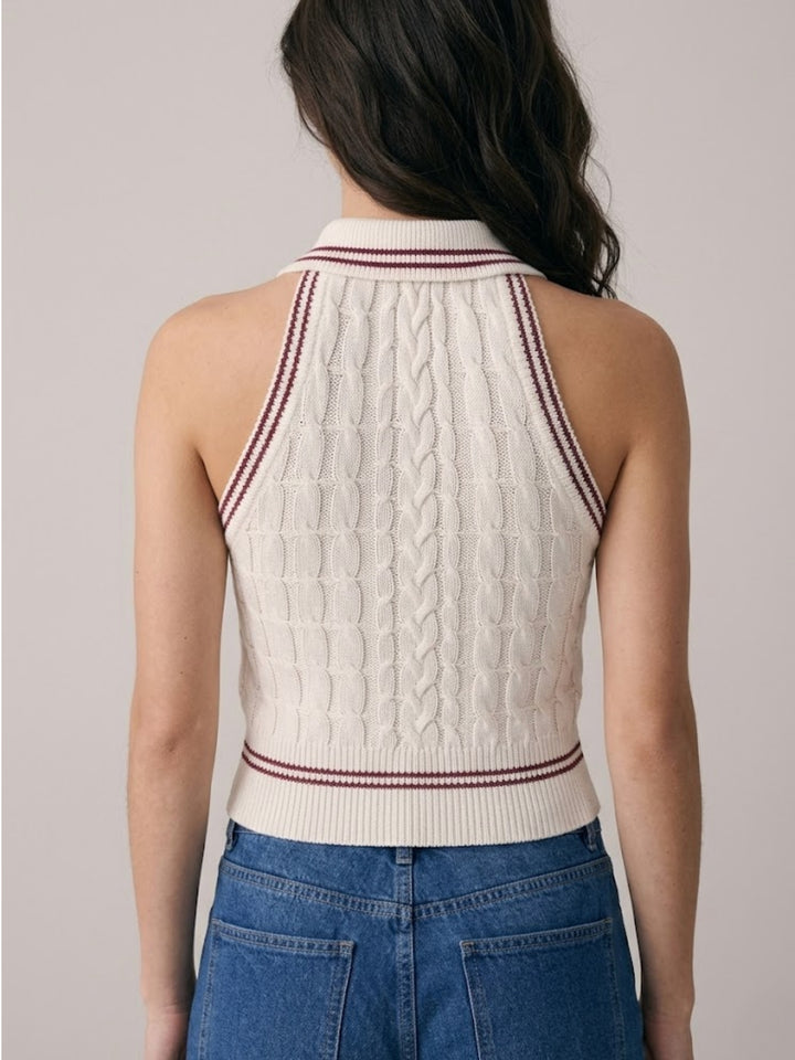 White Collared Contrast Tipping Cable Knit Tank