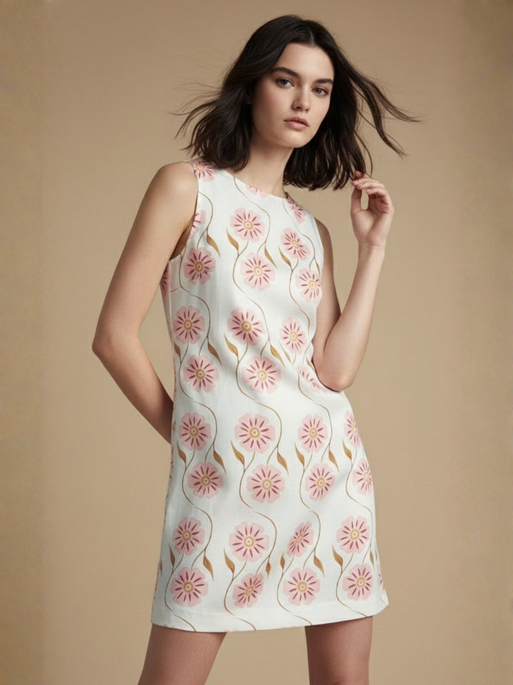 Beige Floral Printed Short Dress