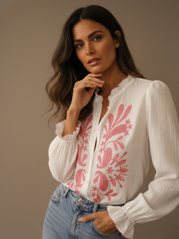 White Mandarin Collared Printed Top