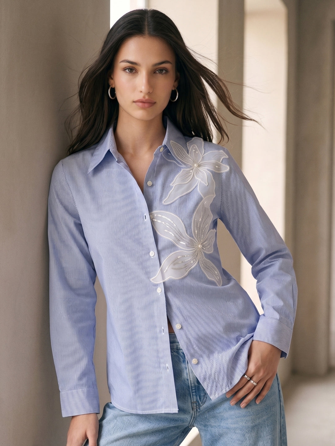 Blue Embroidered Stripe Blue Shirt