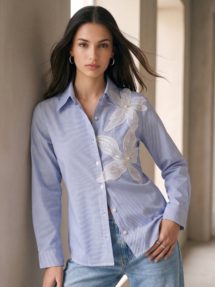 Blue Embroidered Stripe Blue Shirt