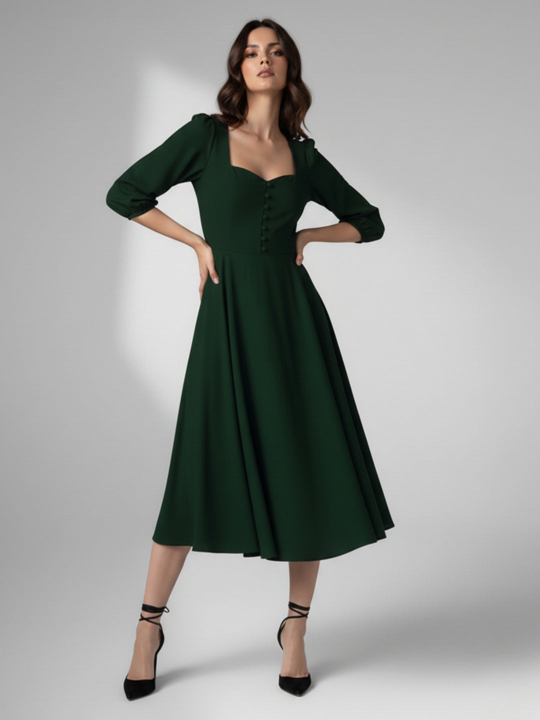 Green Bishop Sleeeve Sweetheart Neck Dress