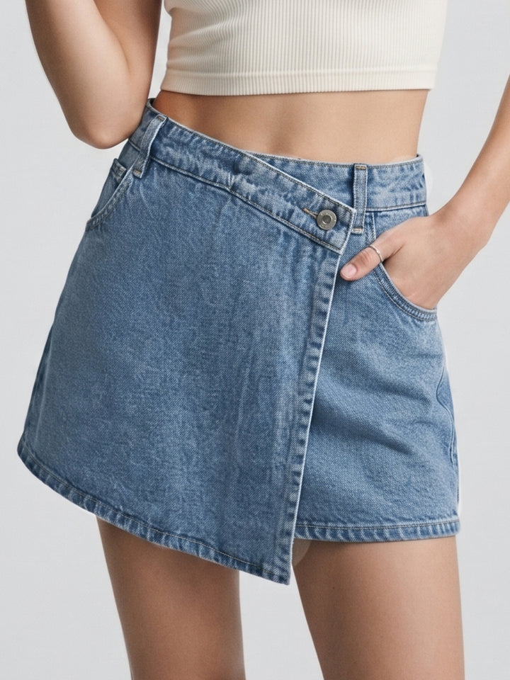 Blue Tinted Wrap Over Denim Skirt