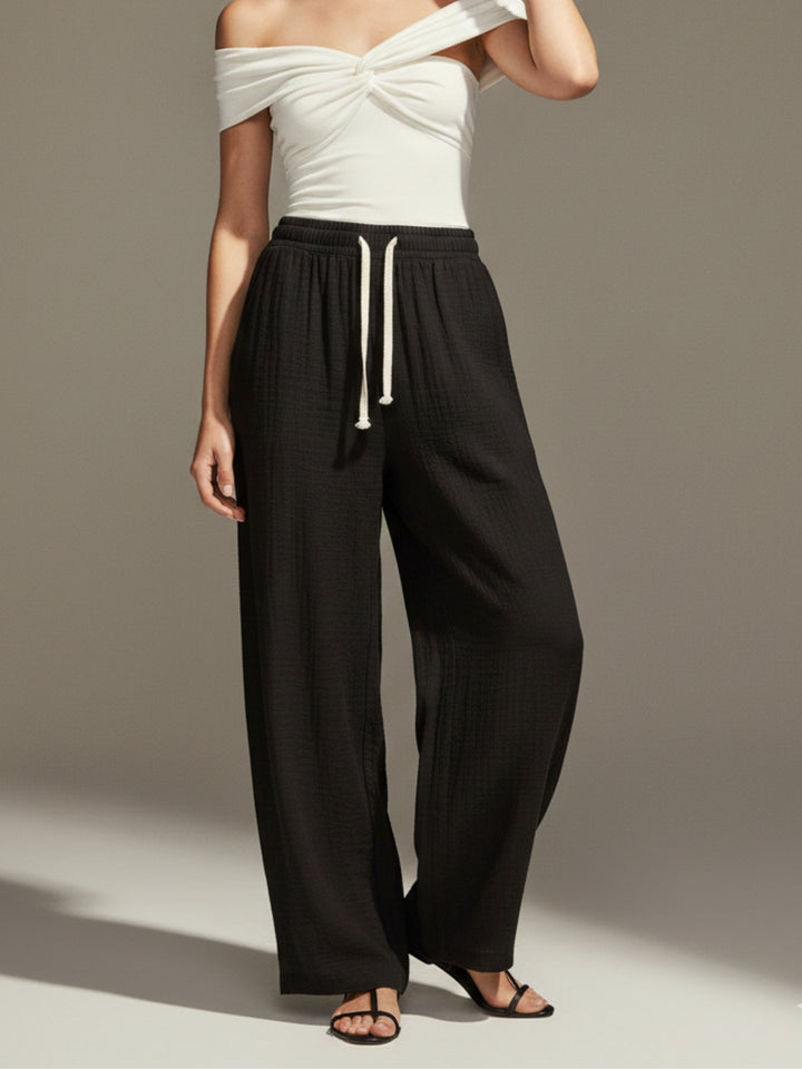 Black High Waist Drawstring Attached Pleated Pant