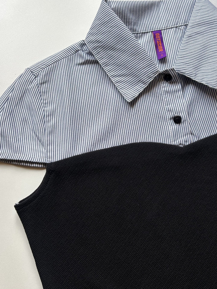 Blue Striped Fitted Shirt With Knitted Contrast Fabric Detail