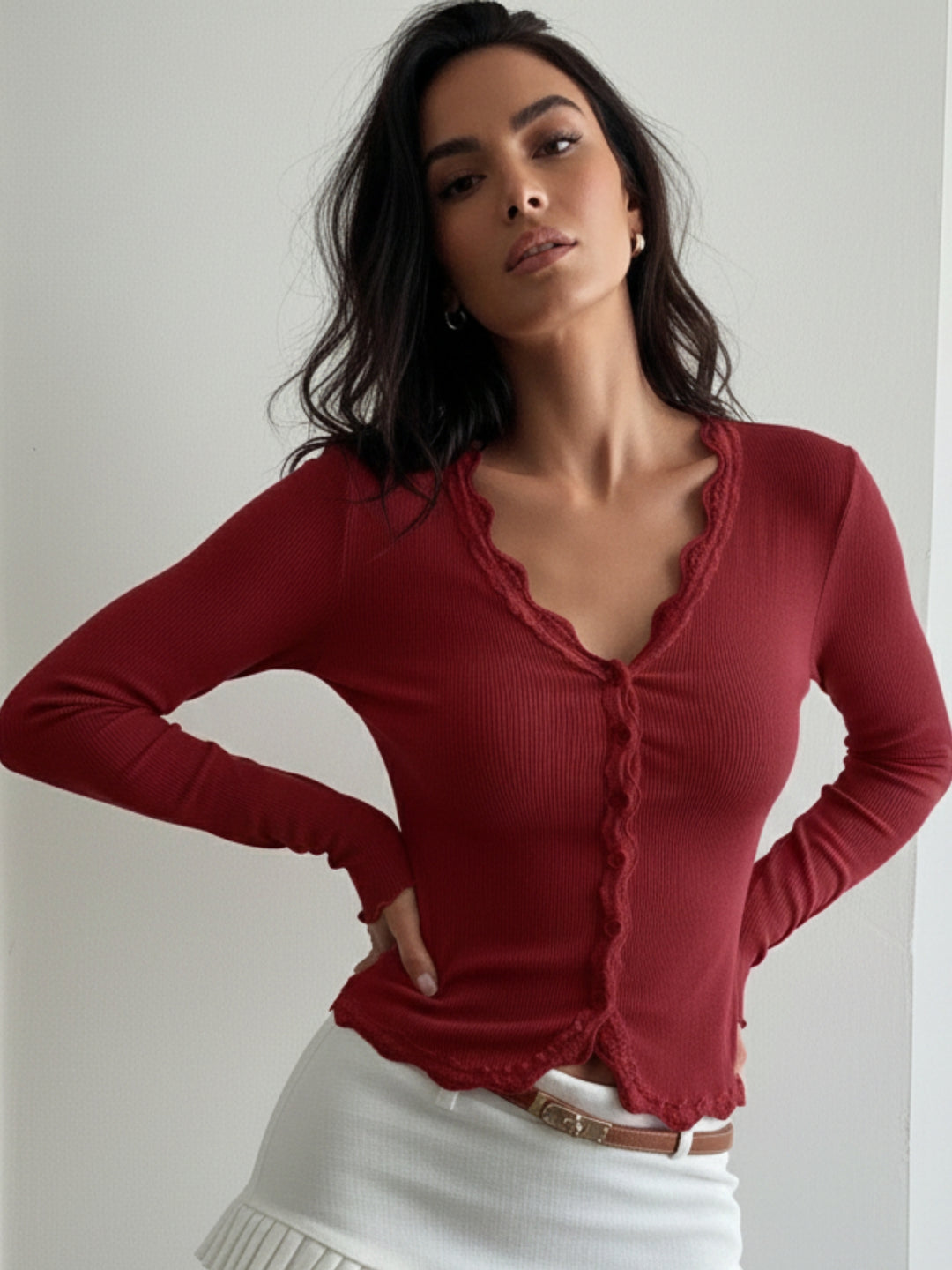 Burgundy Full Sleeve Scallop Hem Top