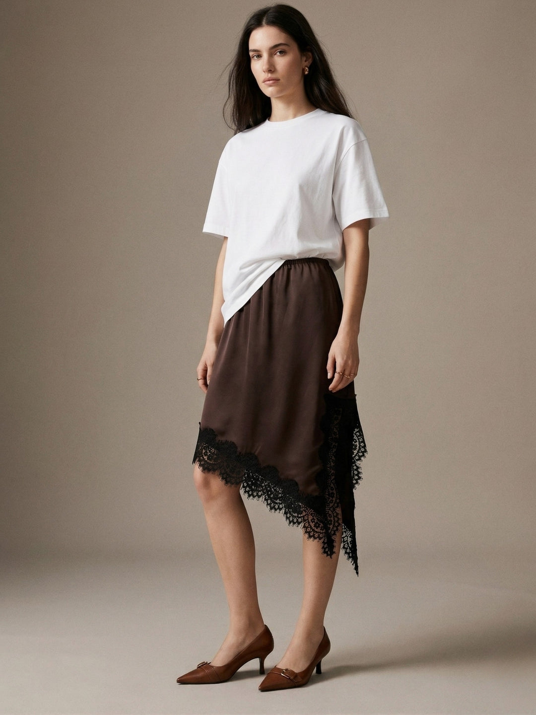 Brown Asymmetric Hem Skirt With Lace Inserts
