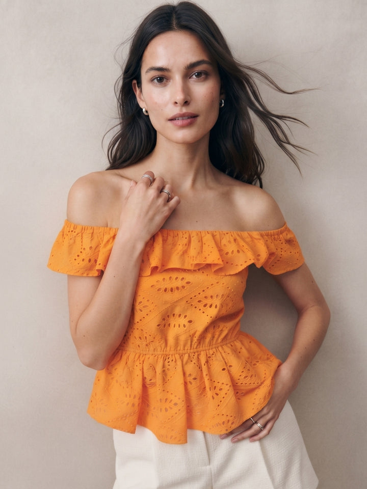 Orange Offshoulder Schiffli Blouse