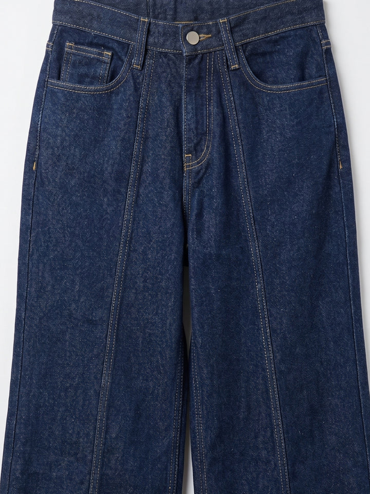 Dark Blue Folded Hem Wide Leg Jeans