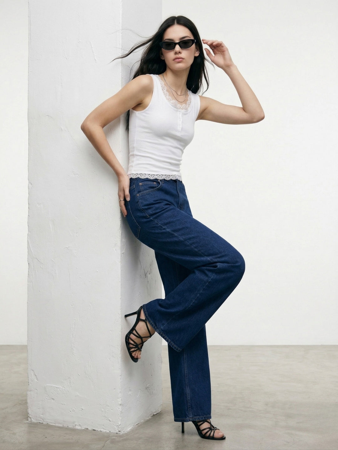 White Ribbed Twofer Tank With Lace Inserts