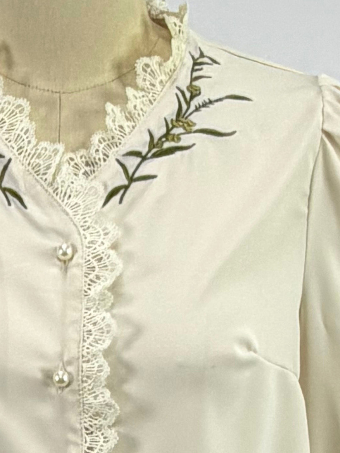 Off White Button Down Blouson Top With Lace Inserst
