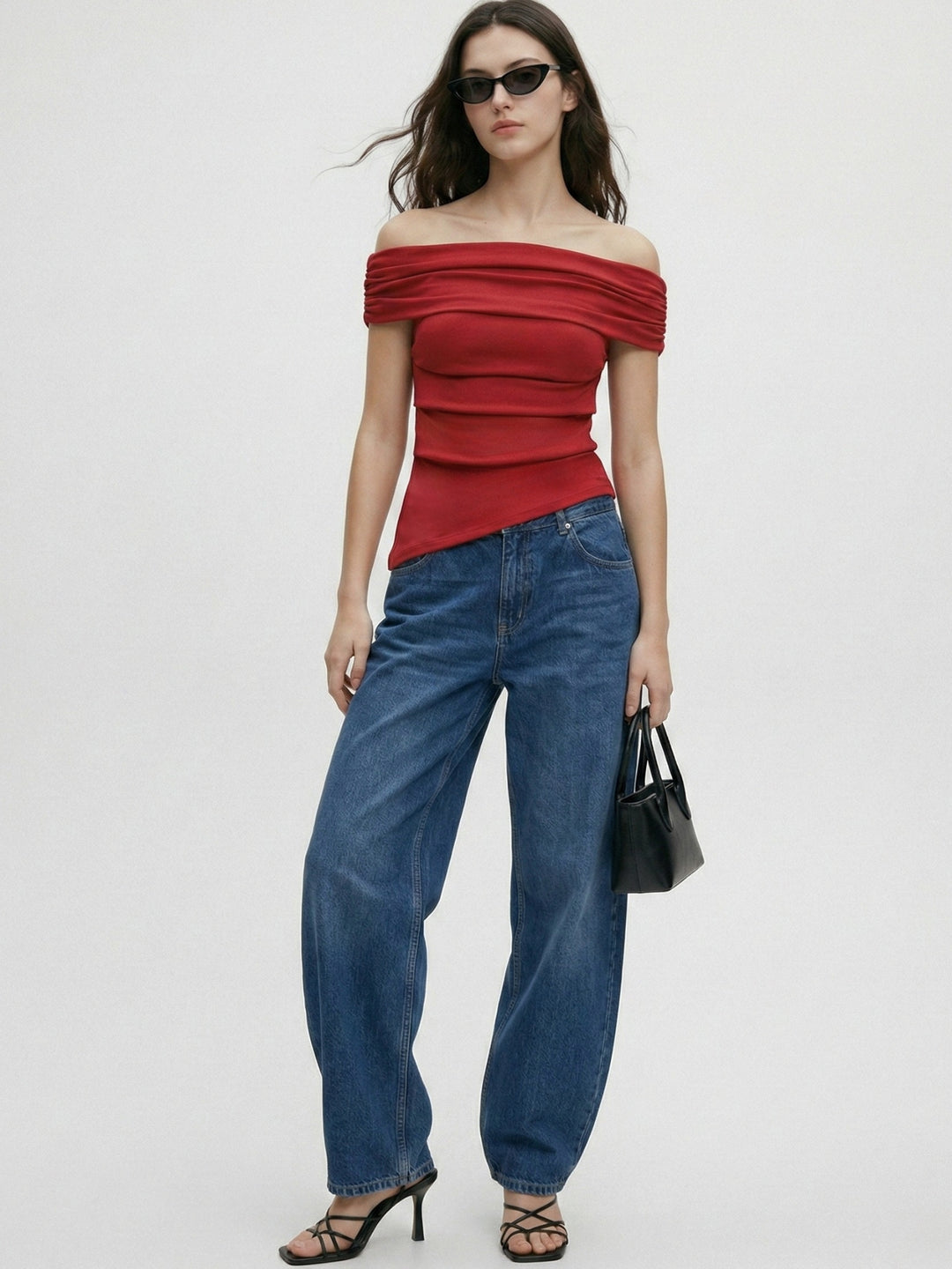 Red Off-Shoulder Basic Fitted Top
