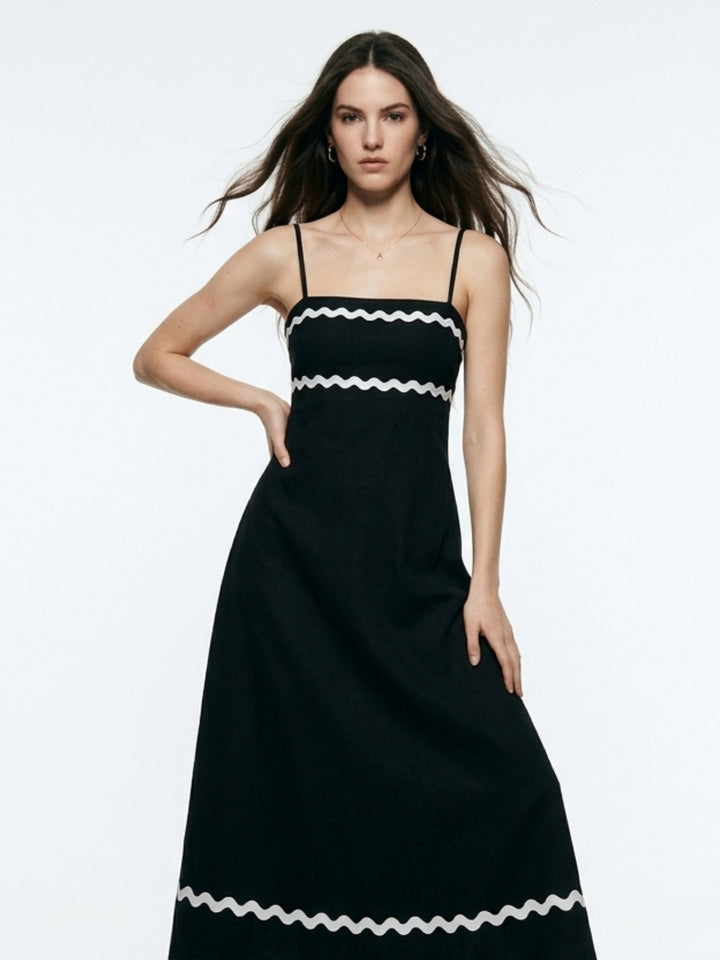 Black Noodle Strap Contrast Patterned Dress