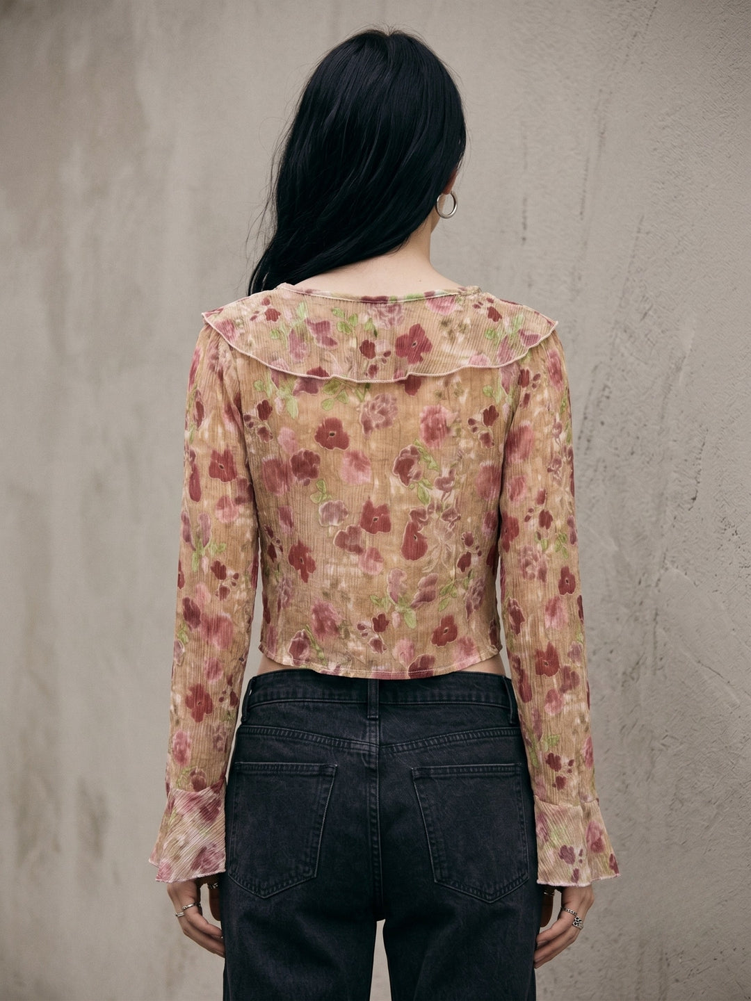 Multi V Neck Printed Blouse With Ruffles