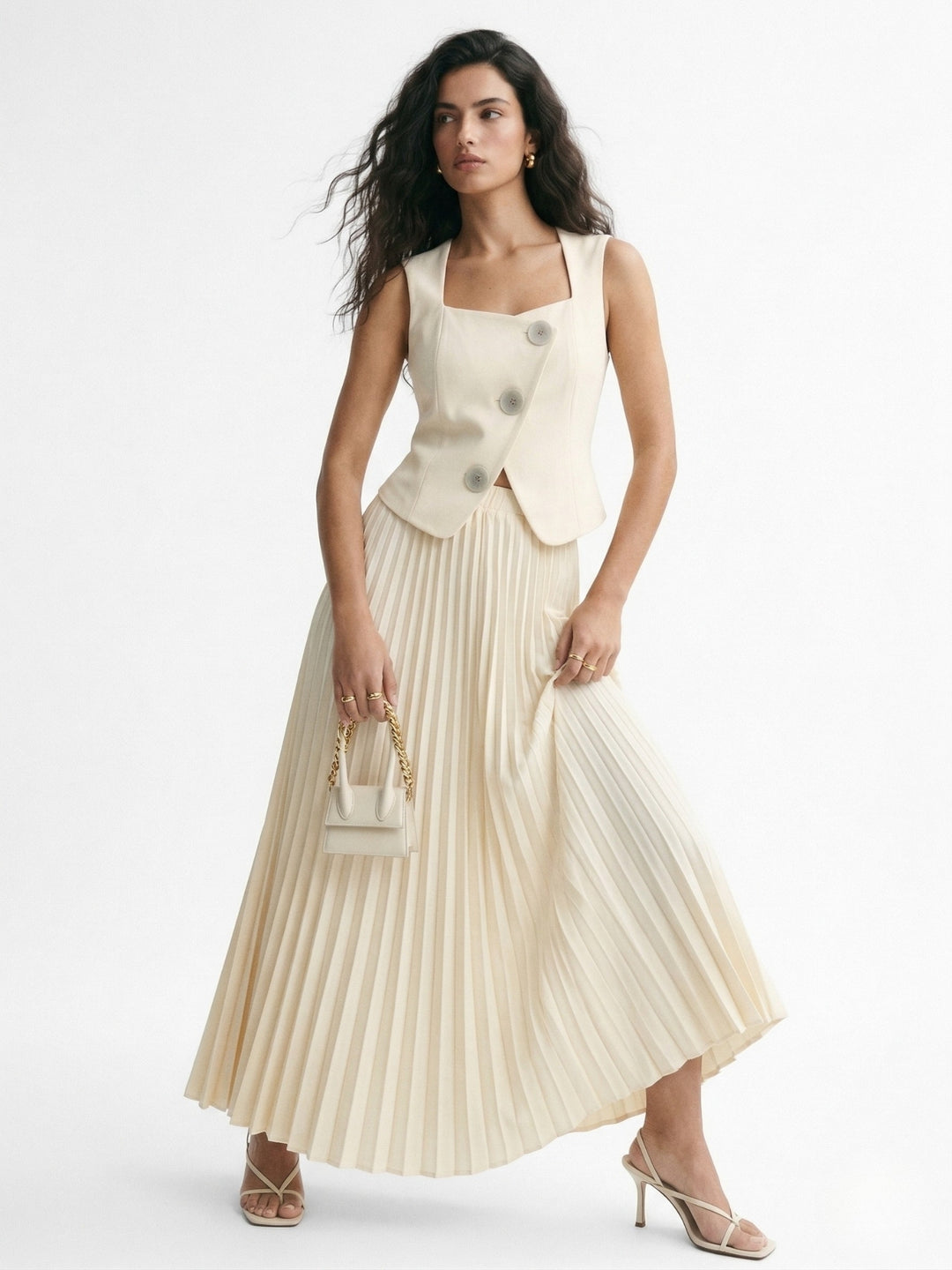 Cream Sleeveless Vest And Pleated Skirt Set