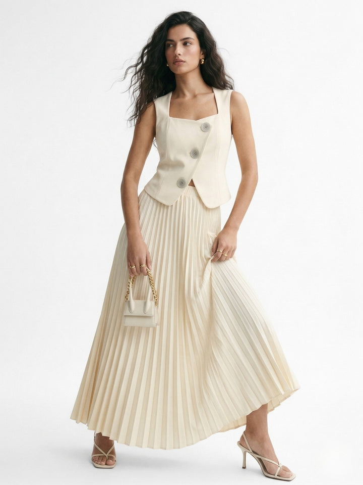 Cream Sleeveless Vest And Pleated Skirt Set