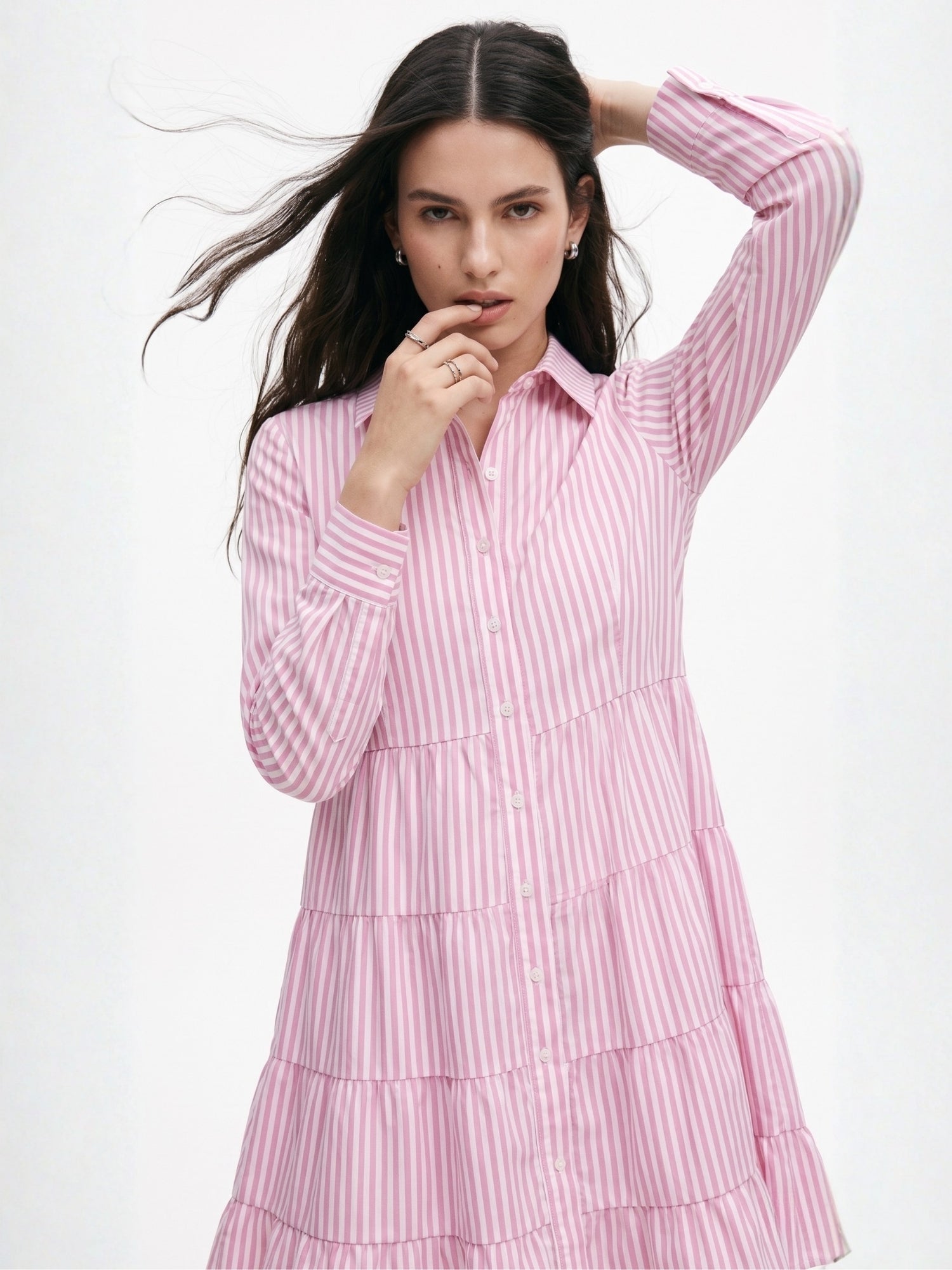 Pink Striped Tiered Shirt Dress