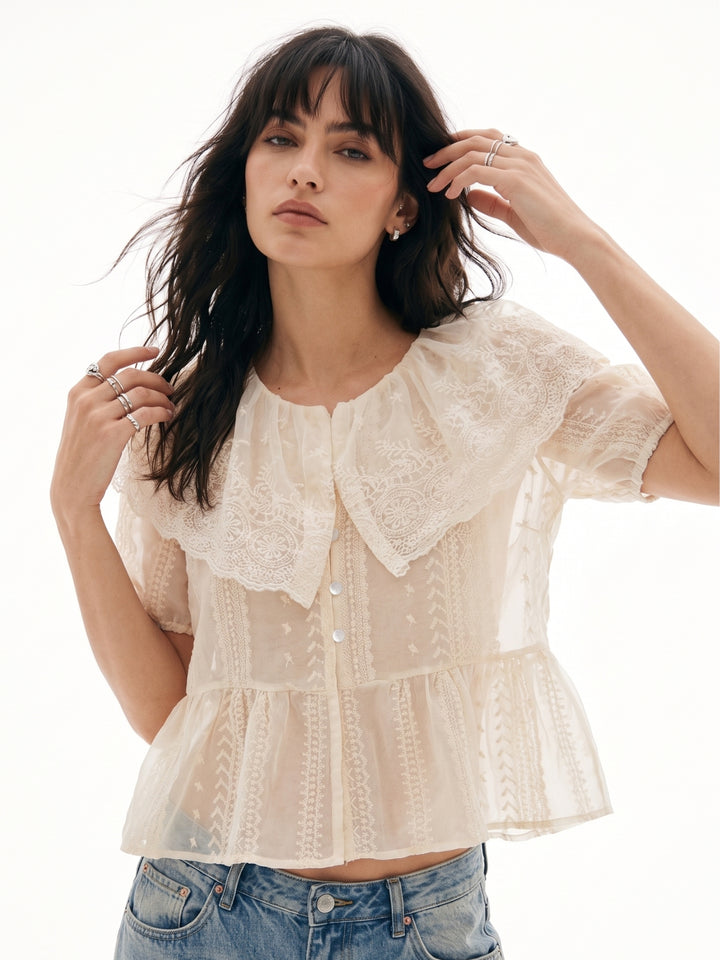 Off White Scallop Edge Lace Detail Top