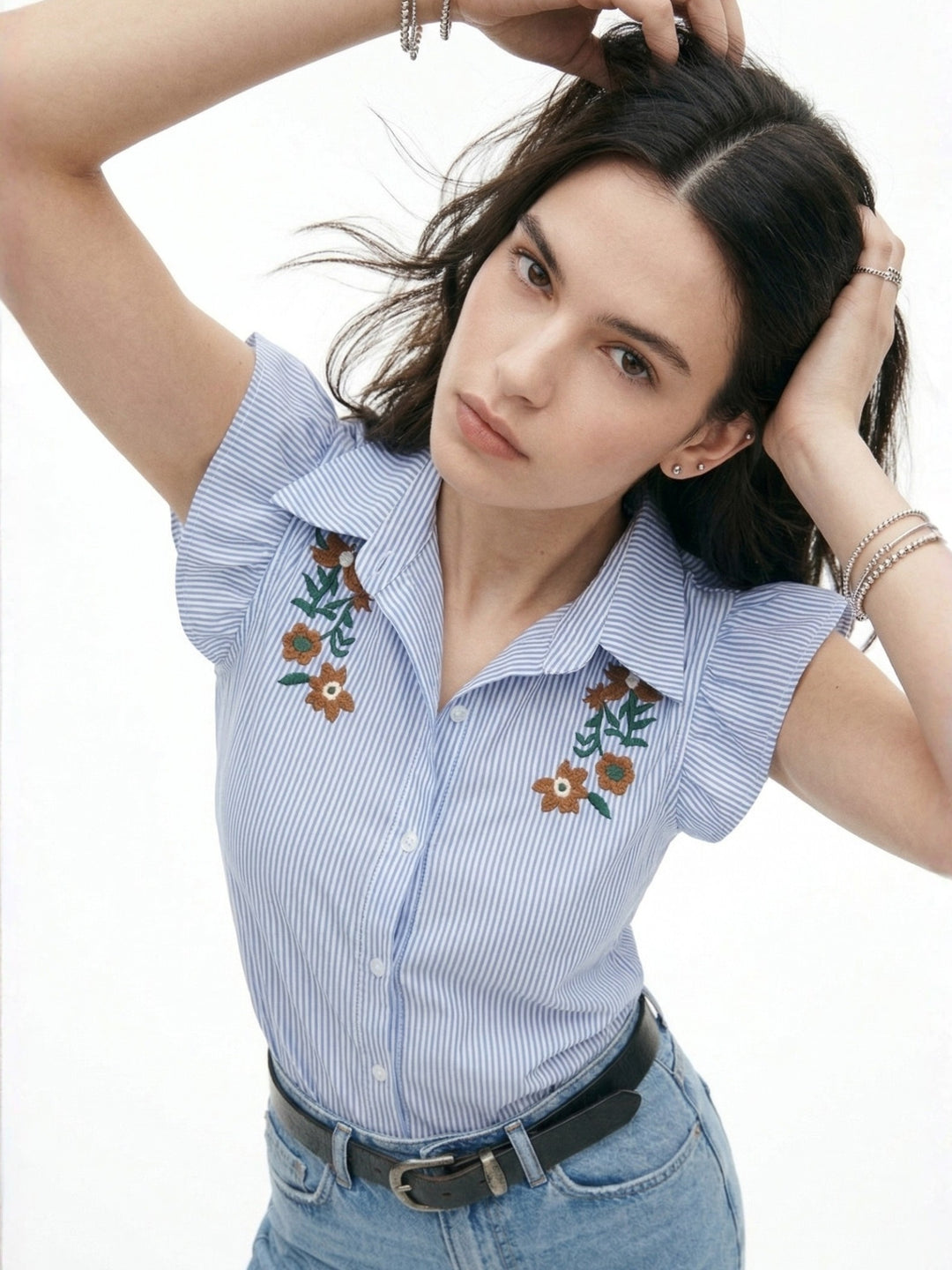 Blue Flutter Sleeved Button Down Shirt