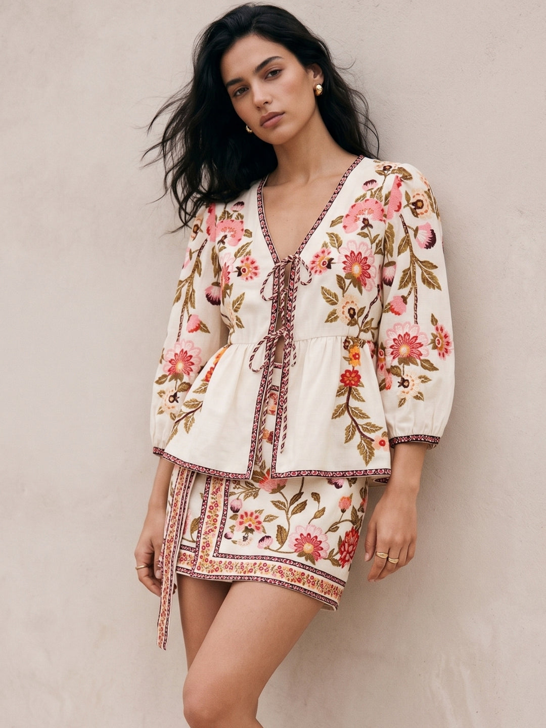Multi Printed Bishop Sleeve Front Tie-Up Top And Short Set