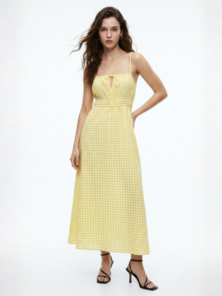 Yellow Spaghetti Strap Checkered Dress