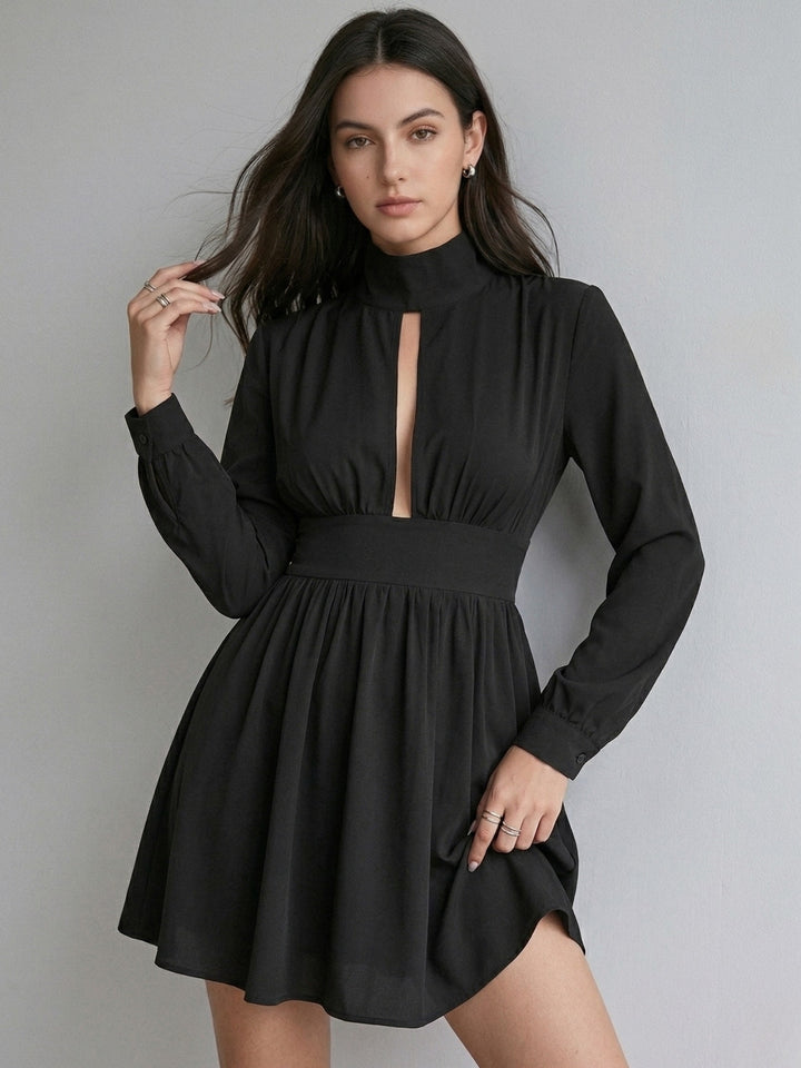 Black Full Sleeve Waist Fitted Dress